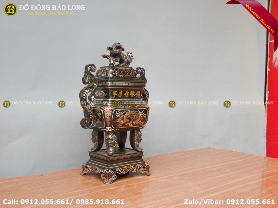 đỉnh vuông bằng đồng khảm ngũ sắc 60cm