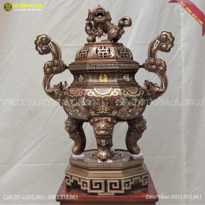 Đỉnh Đồng Bát Giác Khảm Tam Khí 60cm