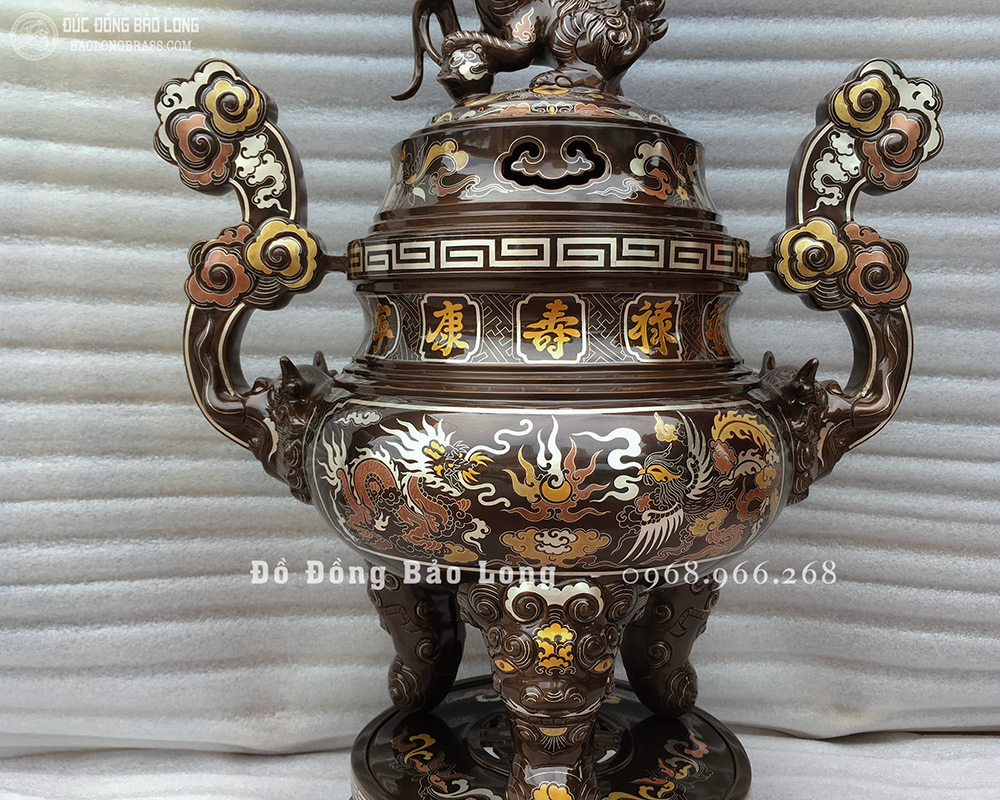 Đỉnh đồng khảm ngũ sắc Rồng Phượng Chầu Nguyệt cao 60cm