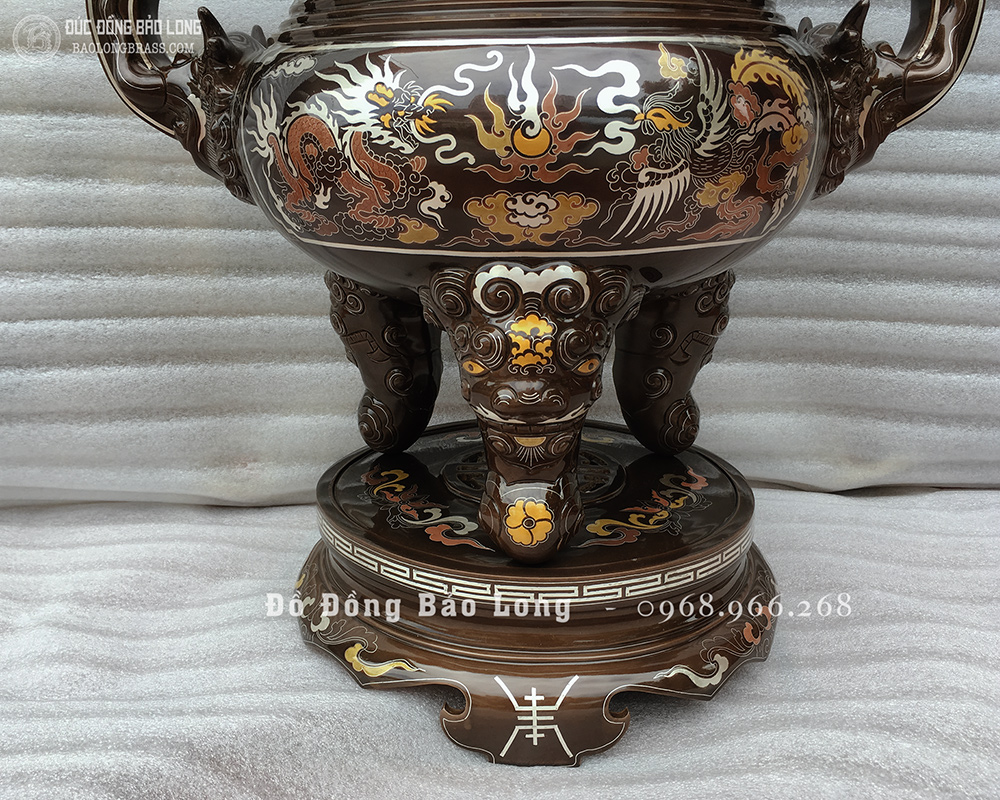 Đỉnh đồng khảm ngũ sắc Rồng Phượng Chầu Nguyệt cao 60cm