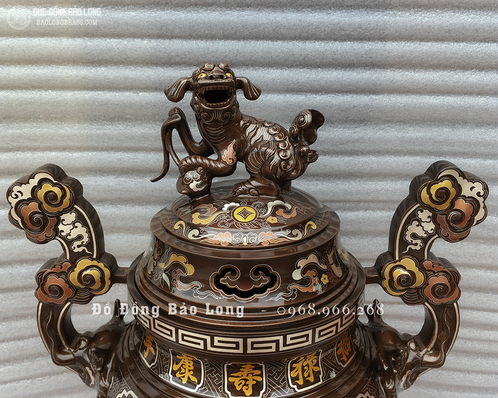 Đỉnh đồng khảm ngũ sắc Rồng Phượng Chầu Nguyệt cao 60cm