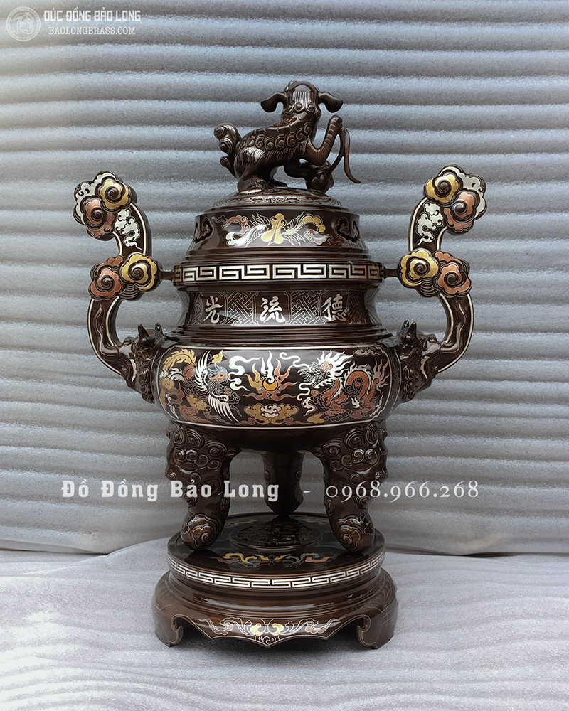 Đỉnh đồng khảm ngũ sắc Rồng Phượng Chầu Nguyệt cao 60cm