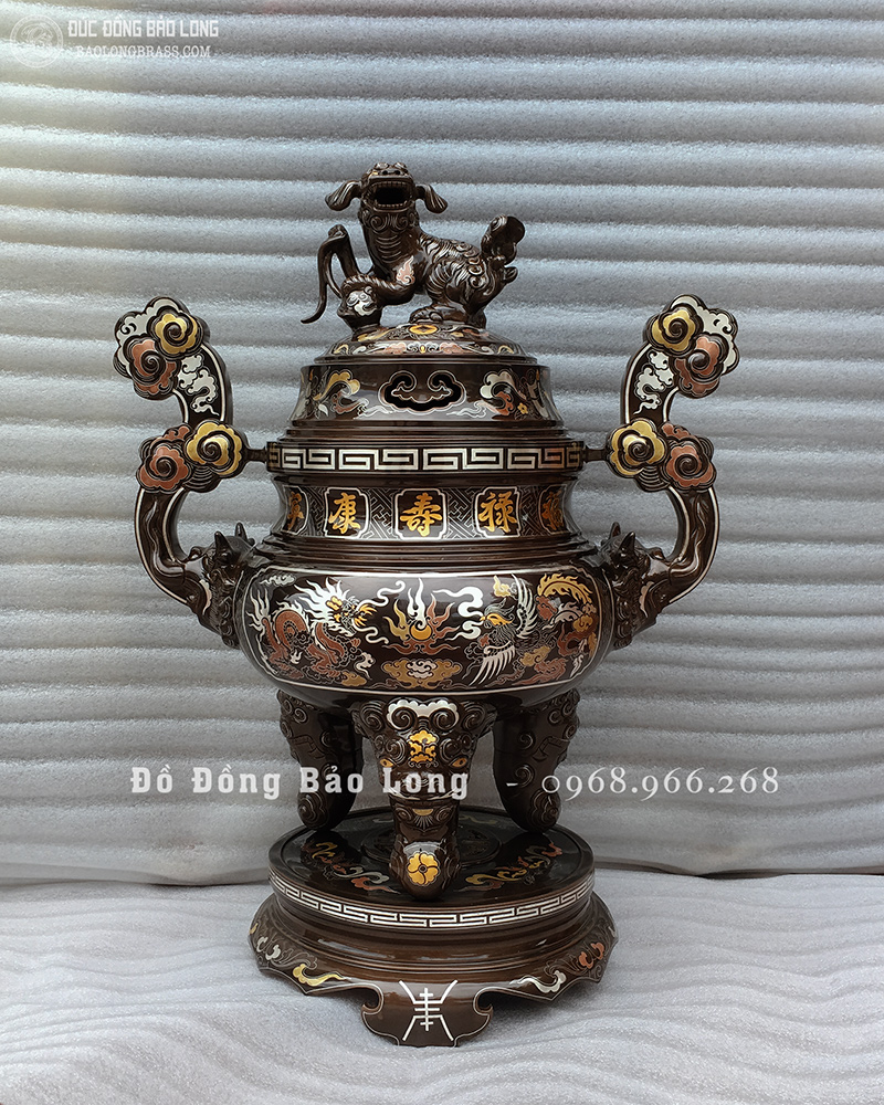 Đỉnh đồng khảm ngũ sắc Rồng Phượng Chầu Nguyệt cao 60cm