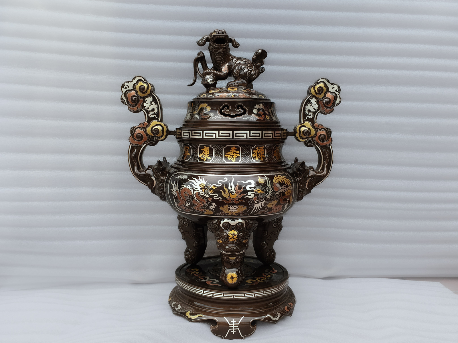 Đỉnh đồng khảm ngũ sắc Rồng Phượng Chầu Nguyệt cao 60cm