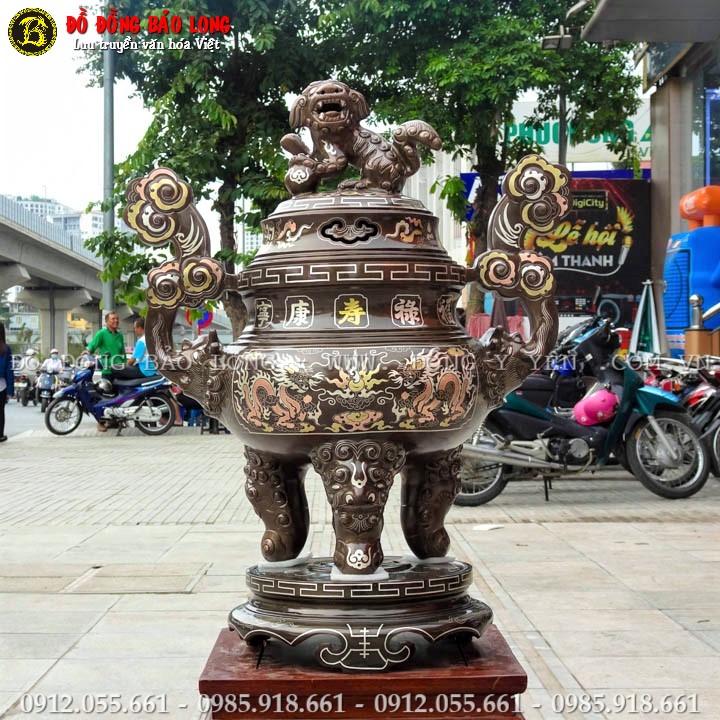 Đỉnh Đồng Khảm Tam Khí Cao 60cm Khảm Chữ Vàng 9999
