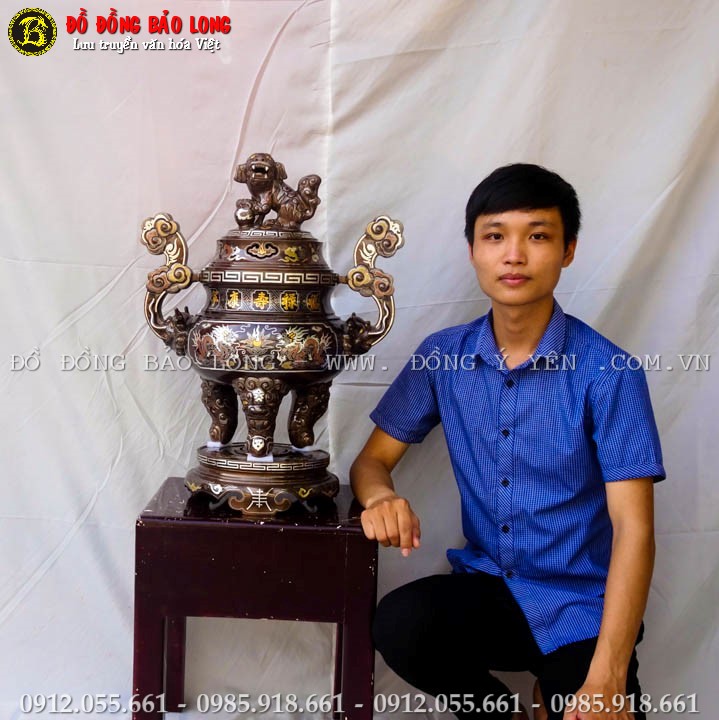 Đỉnh Đồng Khảm Ngũ Sắc 60cm Khảm 5 Chữ Vàng 9999
