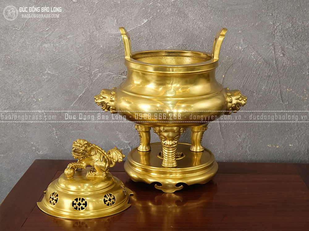 Đỉnh Thờ Hổ Phù Quai Xanh Chân Tượng Bằng Đồng Catut Cao 52Cm