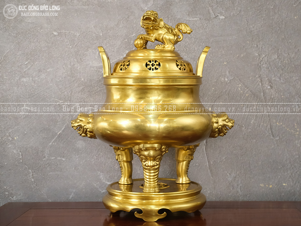 Đỉnh Thờ Hổ Phù Quai Xanh Chân Tượng Bằng Đồng Catut Cao 52Cm