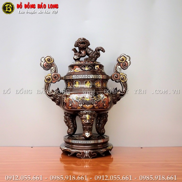 Đỉnh Đồng Khảm Ngũ Sắc Cao 60cm Khảm 5 Chữ Vàng 9999