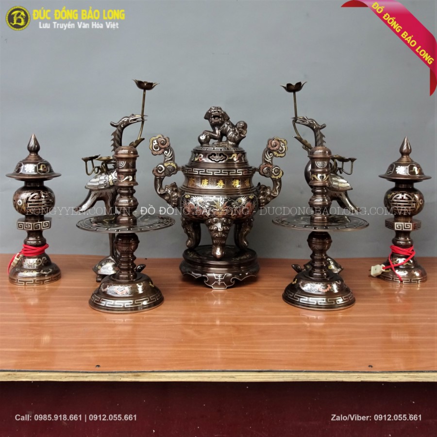 BỘ ĐỒ THỜ Cúng Bằng Đồng Khảm Tam Khí