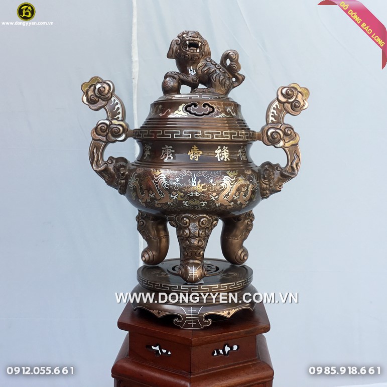 Lư Đồng Thờ Khảm Tam Khí Cao Cấp 60cm