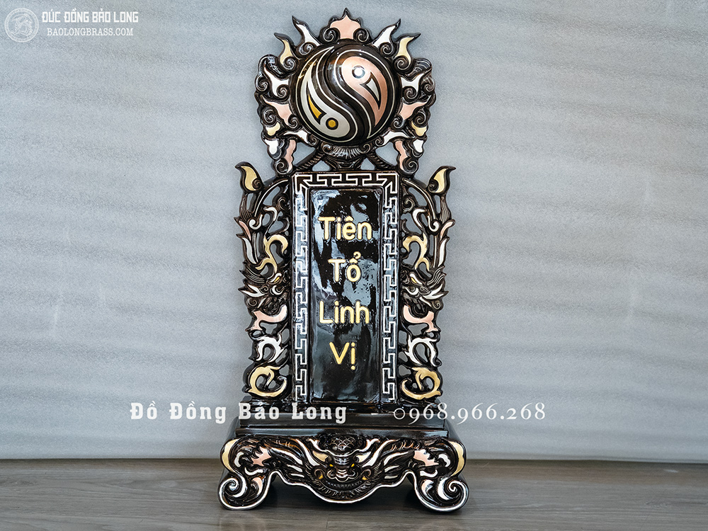 Bài vị đúc bằng đồng đỏ khảm ngũ sắc cao 42cm
