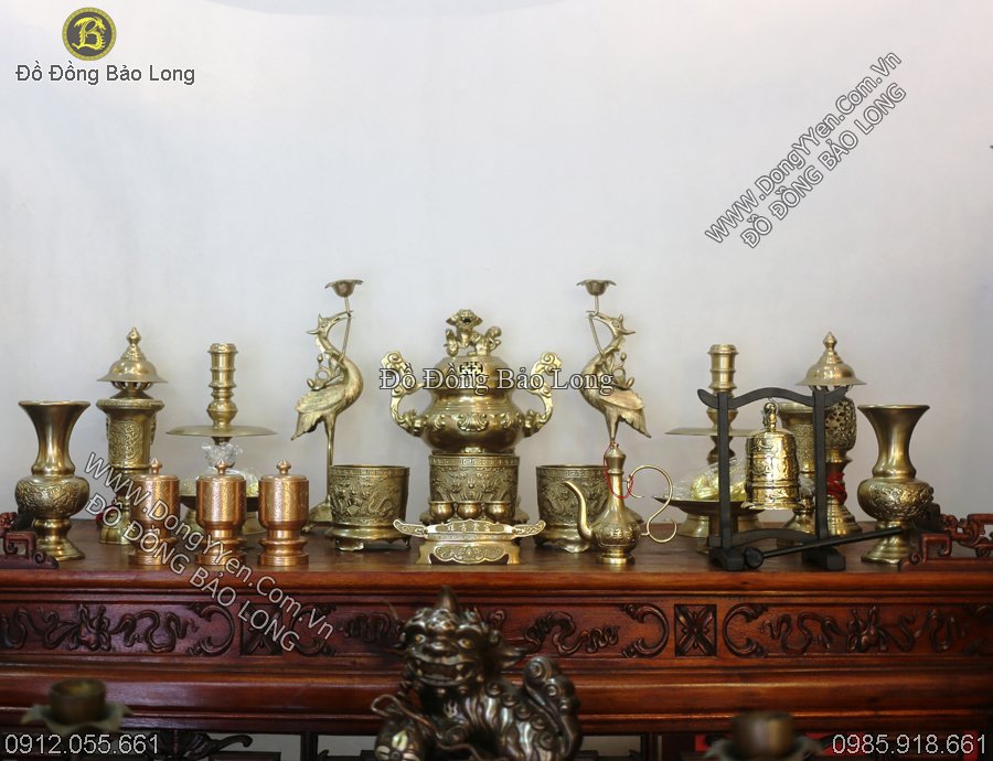 bộ đồ thờ đồng thau màu mộc 45cm đầy đủ