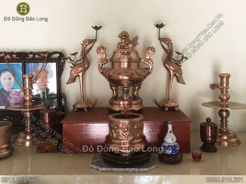 bộ đồ thờ 50cm chạm ám bằng đồng đỏ
