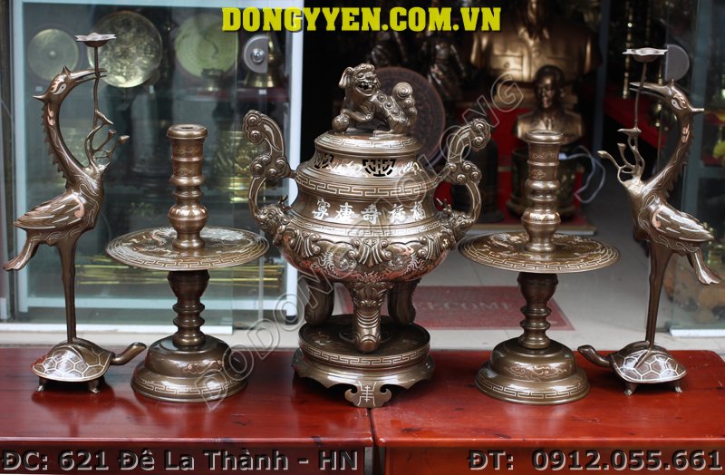 bộ ngũ sự bằng đồng đỏ khảm tam khí cao 70cm