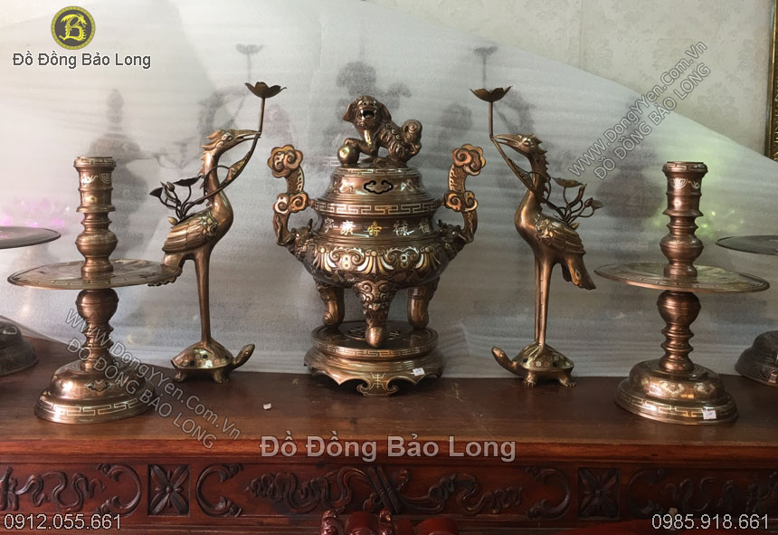 bộ đồ thờ đỉnh đồng hoa sòi khảm dơi tiền cao 55cm