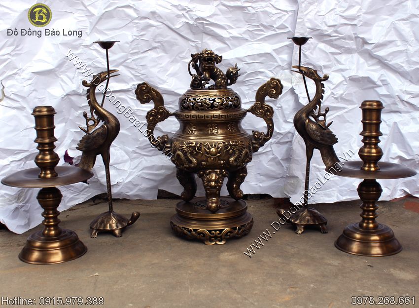 bộ đồ thờ ngũ sự hun xanh giả cổ đỉnh long phụng
