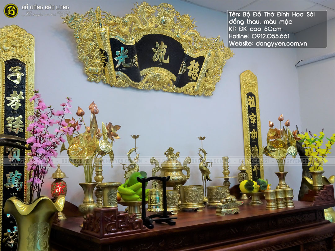 bộ đồ thờ đỉnh hoa sòi bằng đồng thau màu mộc bộ 50cm