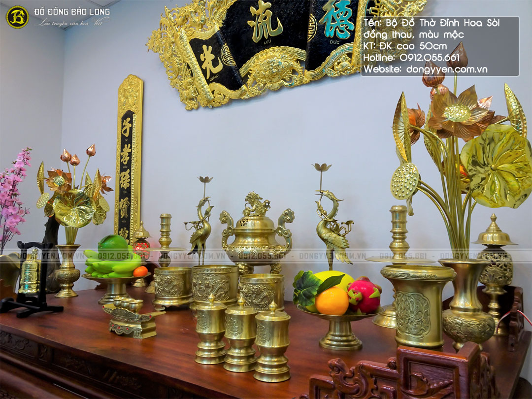 bộ đồ thờ đỉnh hoa sòi bằng đồng thau màu mộc bộ 50cm