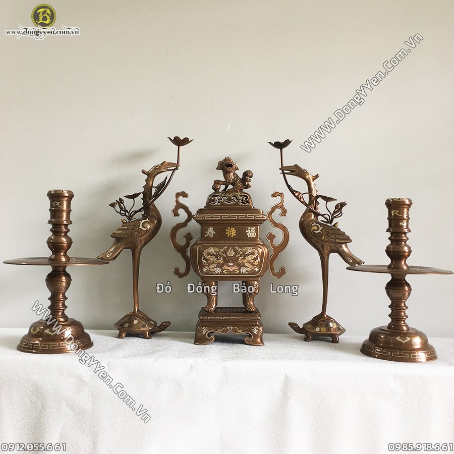 Bộ Đồ Thờ Đỉnh Vuông Mẫu Cổ Khảm Tam Khí 55cm