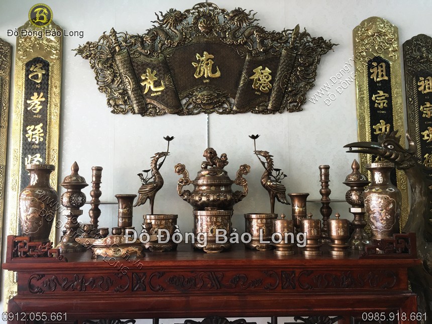 bộ đồ thờ đồng đỏ khảm tứ khí cao 60cm