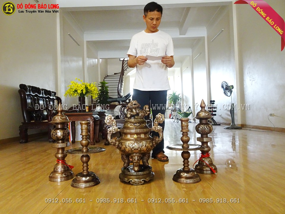 bộ đồ thờ khảm tam khí 60cm được đúc thủ công bằng đồng đỏ