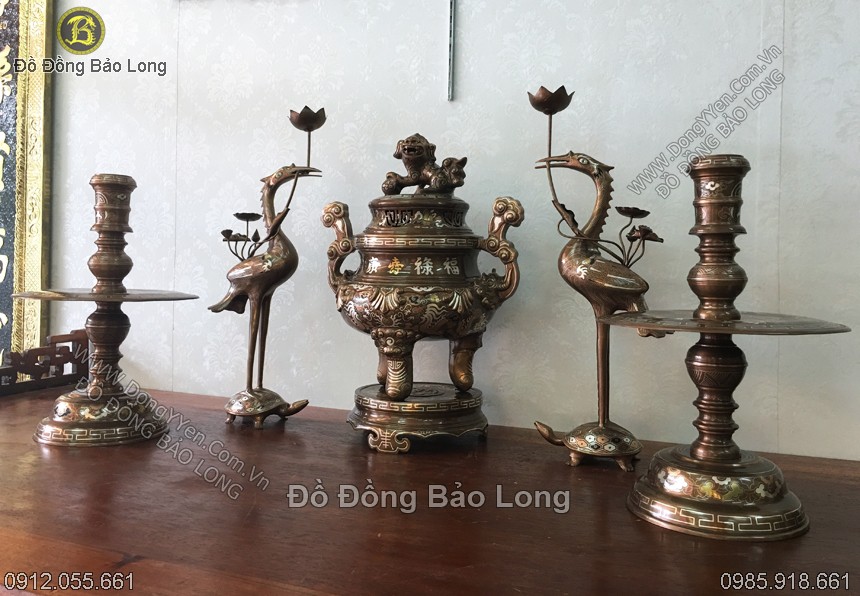 bộ đồ thờ 50 hàng khảm kỹ đúc nguyên bản bằng đồng đỏ