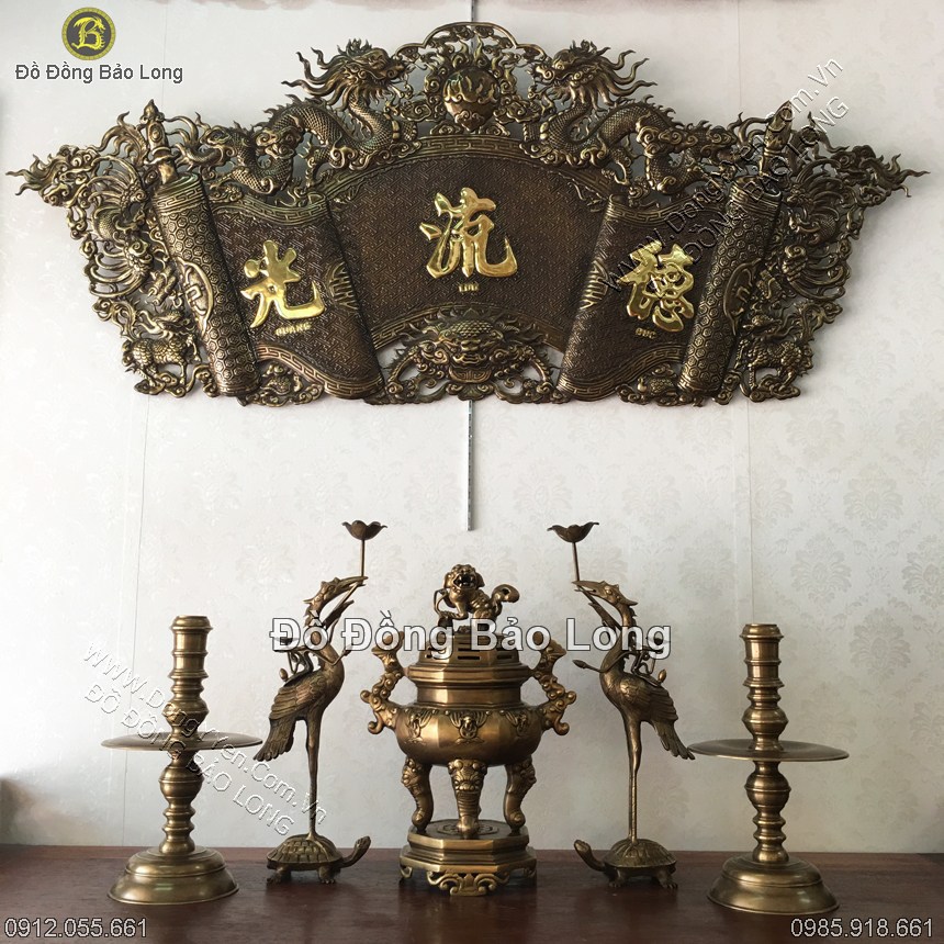 Bộ Đồ Thờ Đỉnh Bát Giác Dơi Tiền Đồng Thau Giả Cổ 50cm