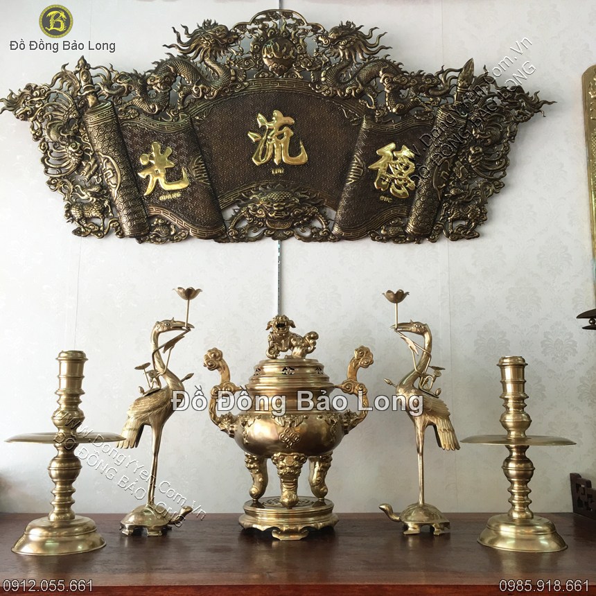 Bộ Đồ Thờ Đỉnh Dơi Tiền 60cm Đồng Thau Màu Mộc
