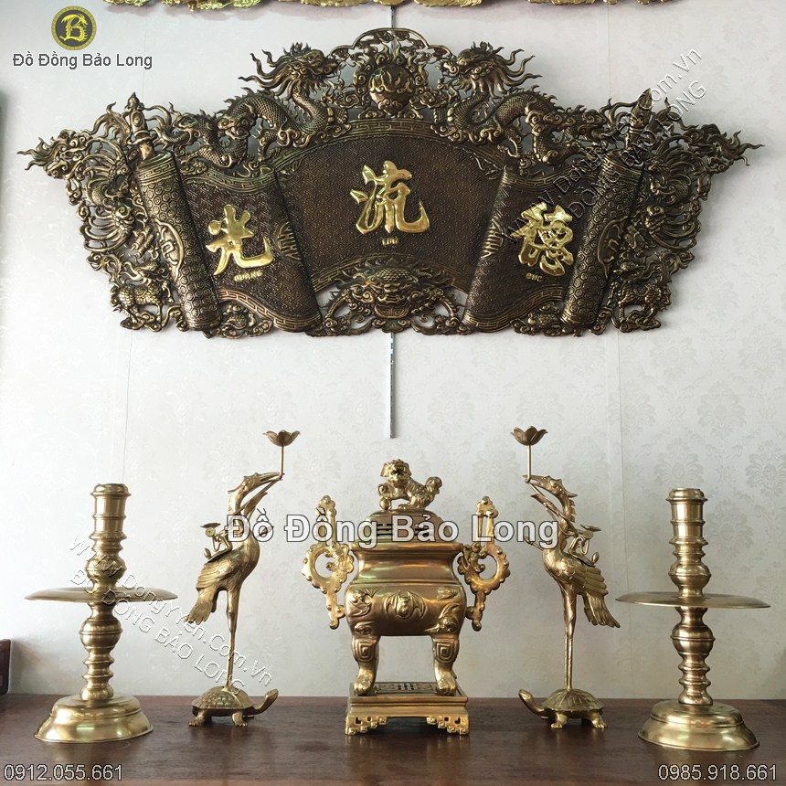 Bộ Đồ Thờ Đỉnh Vuông Dơi Tai Chiện Bằng Đồng Thau 50cm