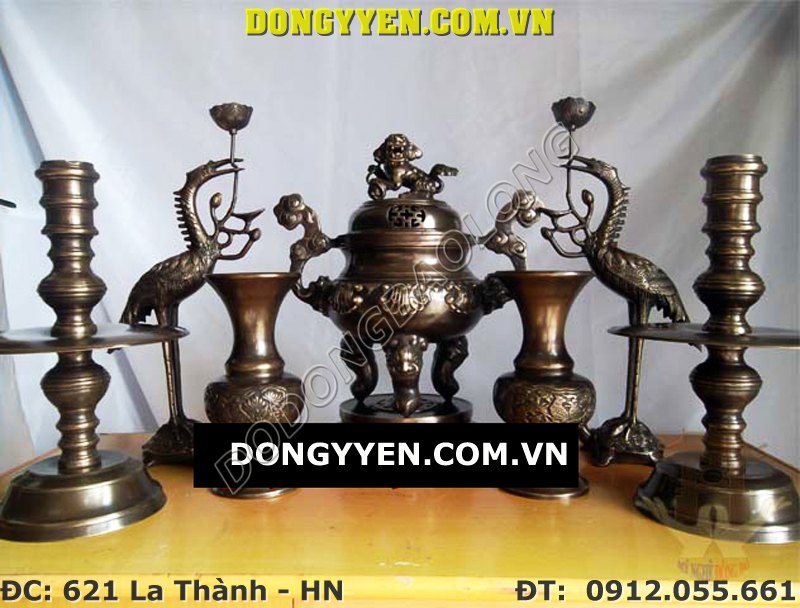 Đồ Thờ Cúng Ngũ Sự Bằng Đồng Hun Đen Giả Cổ Cao 50cm