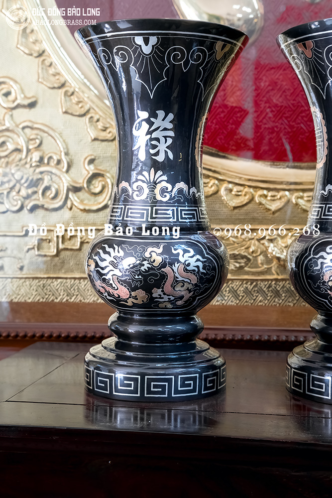 Đôi Lọ Hoa bằng đồng khảm tam khí Rồng Phượng cao 30cm