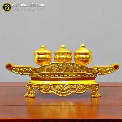 Bộ Khay 3 Chén Bằng Đồng Thau Dát Vàng 9999
