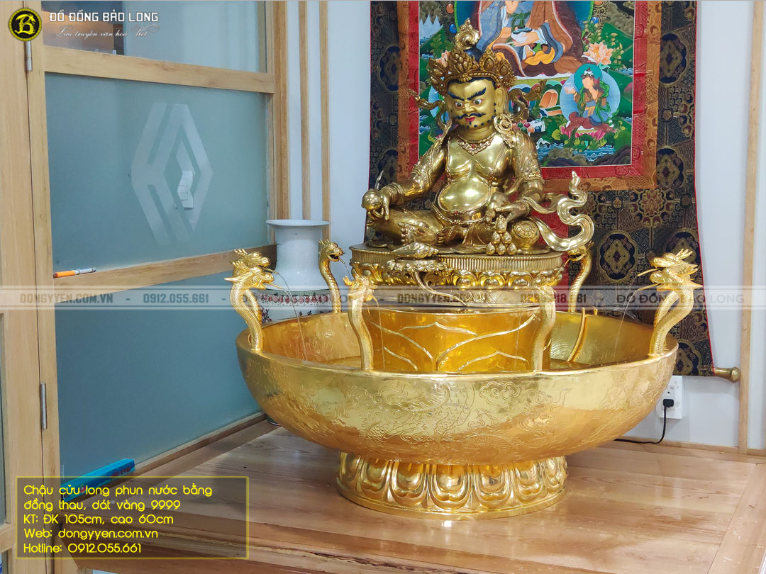 chậu cửu long phun nước bằng đồng thau dát vàng 9999