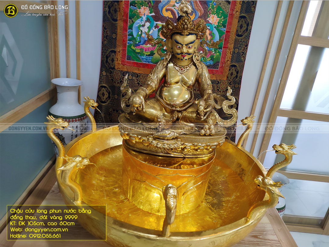 chậu cửu long phun nước bằng đồng thau dát vàng 9999