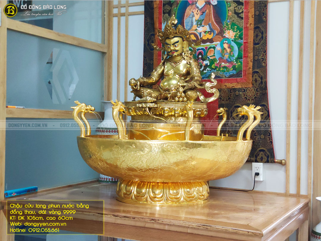 chậu cửu long phun nước bằng đồng thau dát vàng 9999