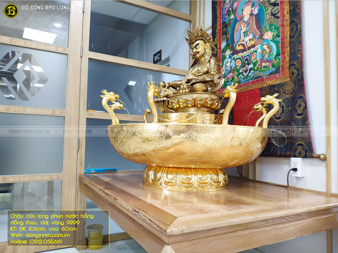 chậu cửu long phun nước bằng đồng thau dát vàng 9999