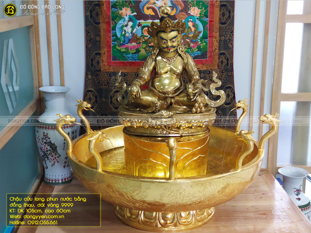 chậu cửu long phun nước bằng đồng thau dát vàng 9999