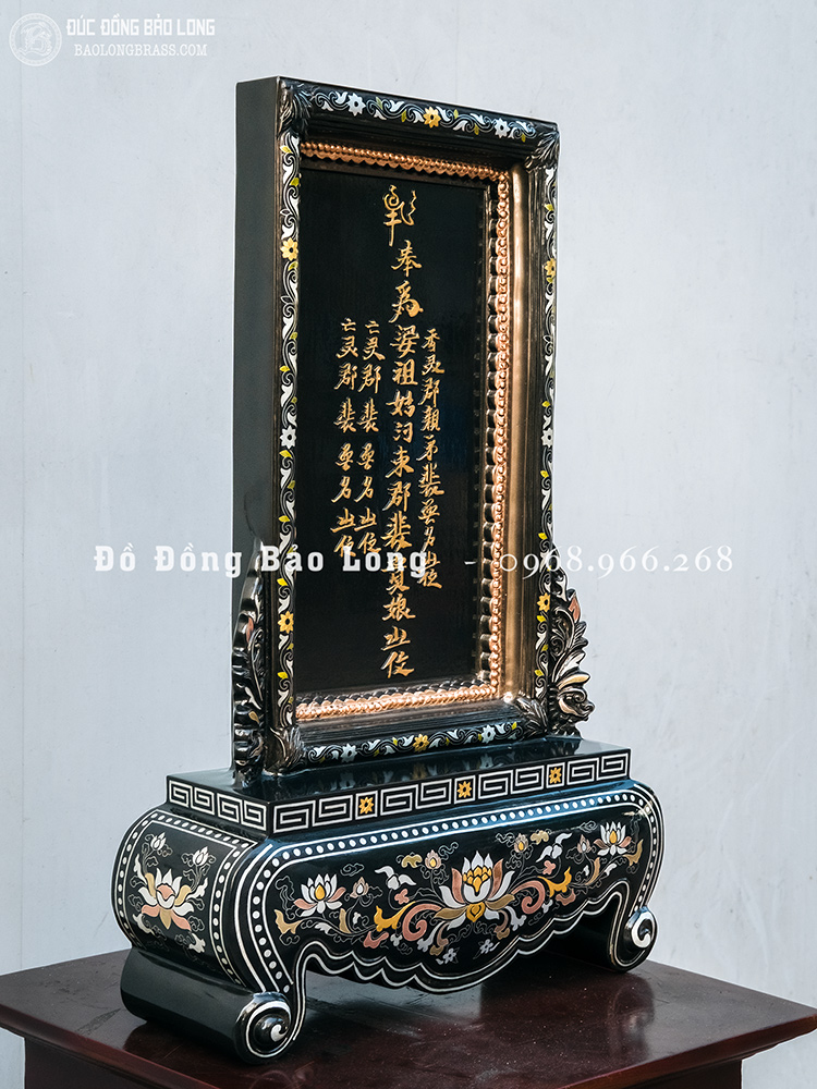 Bài vị đúc nổi chữ bằng đồng khảm ngũ sắc cao 50cm