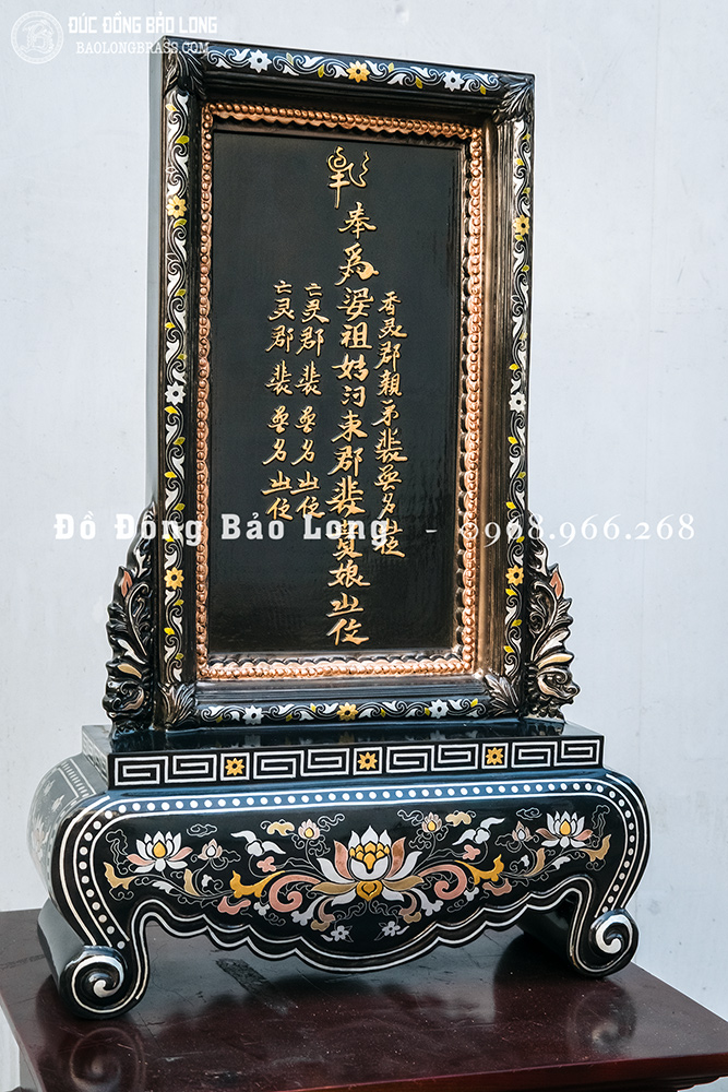 Bài vị đúc nổi chữ bằng đồng khảm ngũ sắc cao 50cm