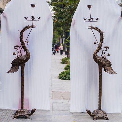 Đôi Hạc Bằng Đồng Vàng Thau Cao 1m76 Màu Hun Đen Giả Cổ