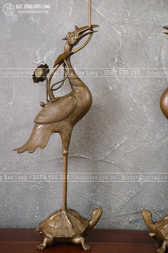 Đôi Hạc Thờ Bằng Đồng Vàng Cao 60Cm Màu Trầm Cổ