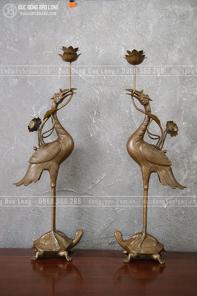 Đôi Hạc Thờ Bằng Đồng Vàng Cao 60Cm Màu Trầm Cổ