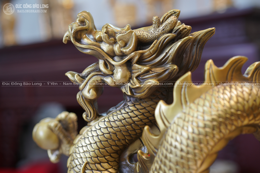 tượng rồng cầm ngọc cưỡi hồ lô bằng đồng vàng cao 42cm