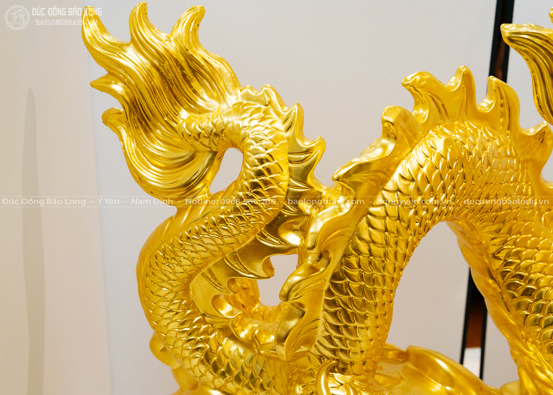 tượng rồng cầm ngọc cưỡi hồ lô bằng đồng dát vàng cao 42cm
