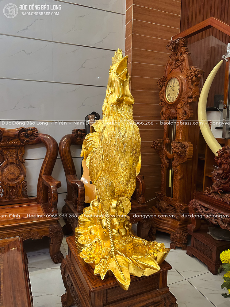 Gà Trống Phong Thủy Bằng Đồng Đỏ Dát Vàng 24K Cao 1m