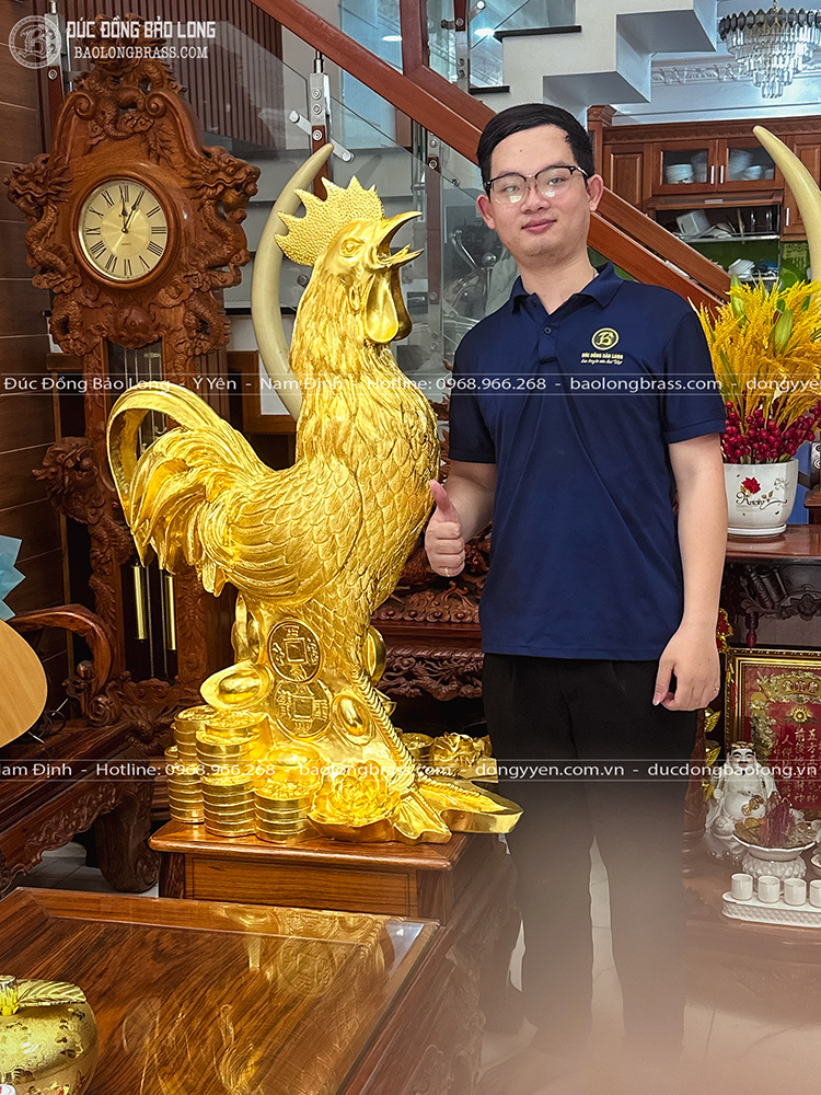 Gà Trống Phong Thủy Bằng Đồng Đỏ Dát Vàng 24K Cao 1m