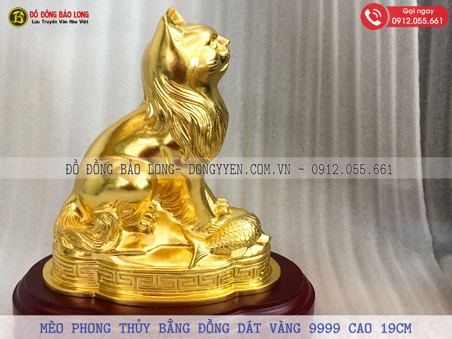 mèo phong thủy bằng đồng dát vàng 9999 cao 19cm
