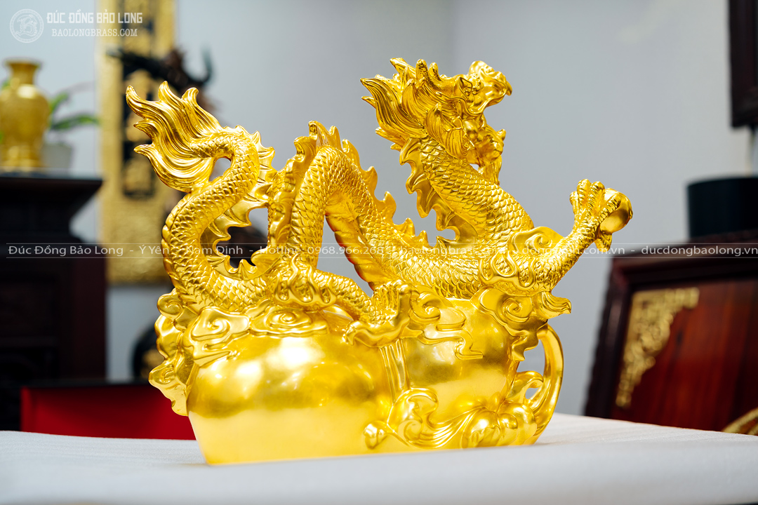 tượng rồng cầm ngọc cưỡi hồ lô bằng đồng dát vàng cao 42cm