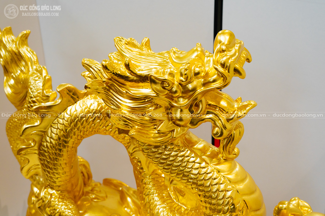 tượng rồng cầm ngọc cưỡi hồ lô bằng đồng dát vàng cao 42cm
